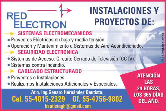 Installation and Electrical Projects in low and medium voltage. AC Operation and Maintenance. Access systems, CCTV. Fire systems. Structured cabling. Special Installations. Red Electron